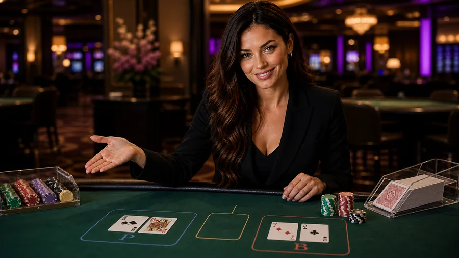 Smiling table games guide explaining baccarat cards and chips.