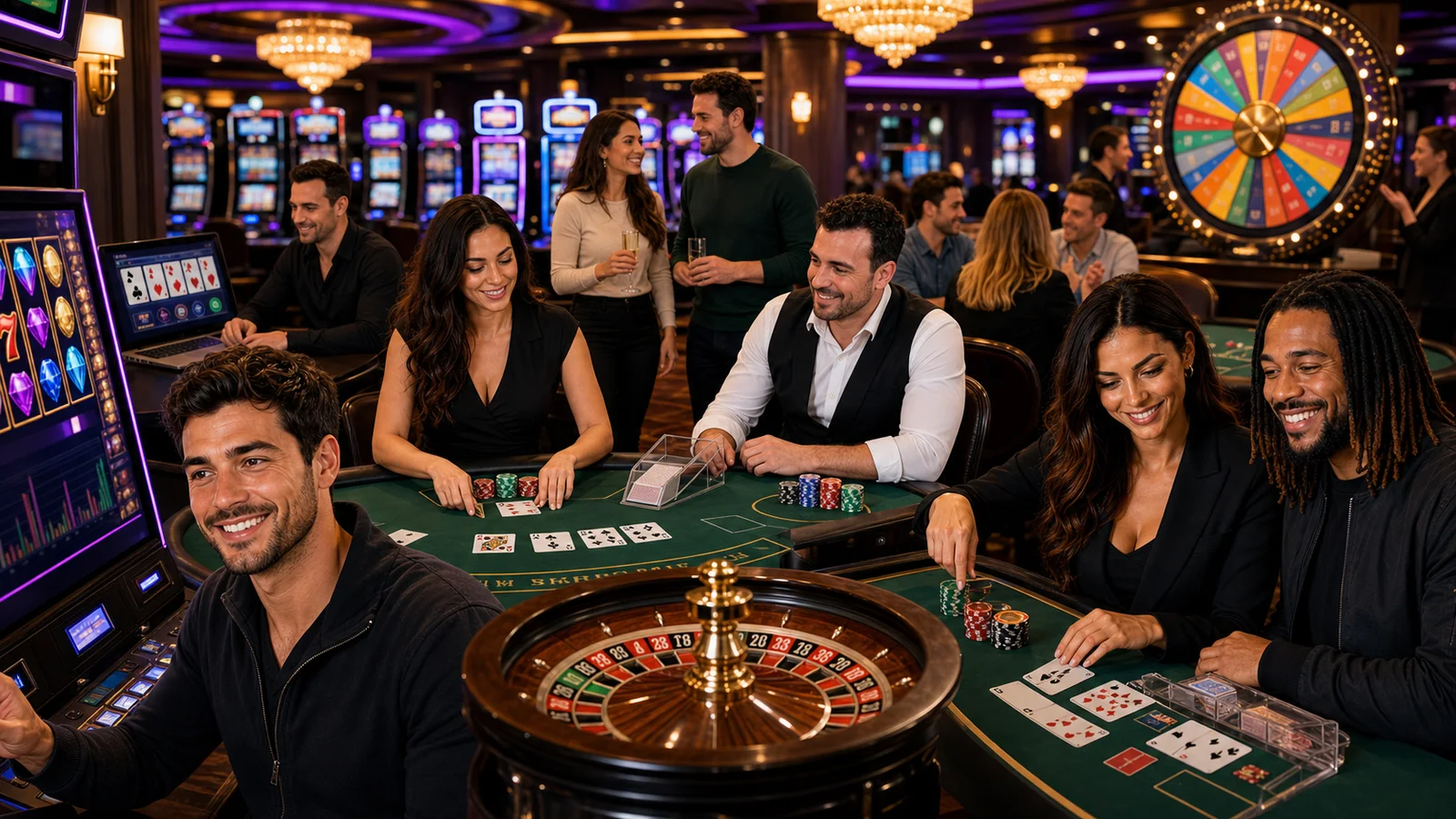 Happy adult players exploring slots, blackjack, roulette, baccarat, video poker and game-show tables in a modern casino.