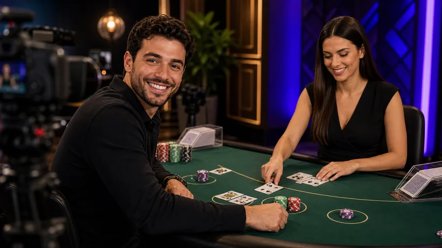 Happy adult player learning live blackjack at a professional dealer table.