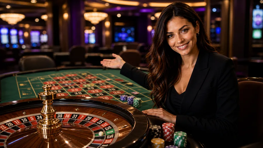 Smiling roulette guide presenting a single-zero roulette wheel and betting layout.