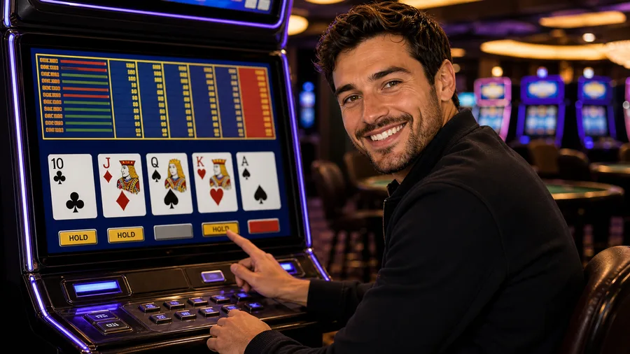 Happy adult player making a video poker hold decision on a five-card screen.