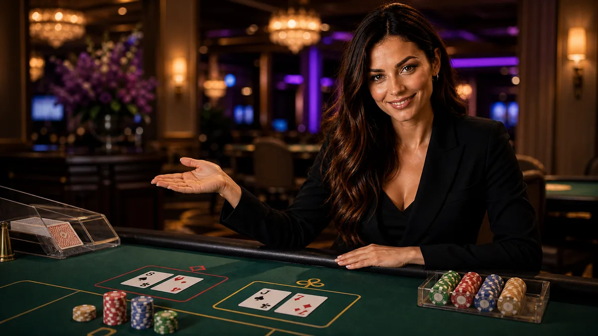 Smiling table games expert explaining baccarat cards and chips at a casino table.