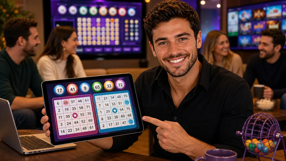 Smiling beginner guide showing colorful online bingo cards in a social lounge.