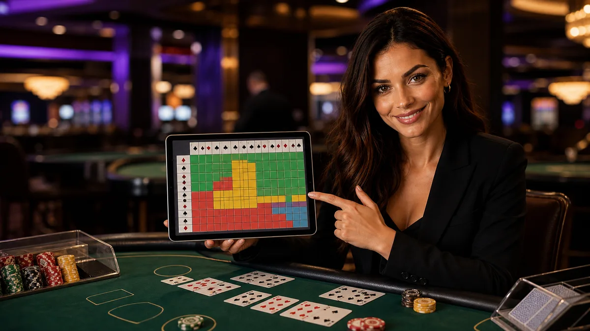 Smiling blackjack expert presenting a strategy grid beside cards on green felt.