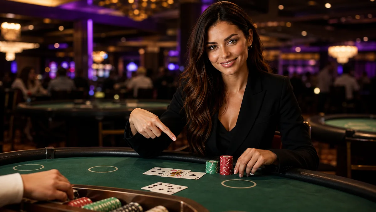 Smiling blackjack expert teaching a hand at a modern casino table.