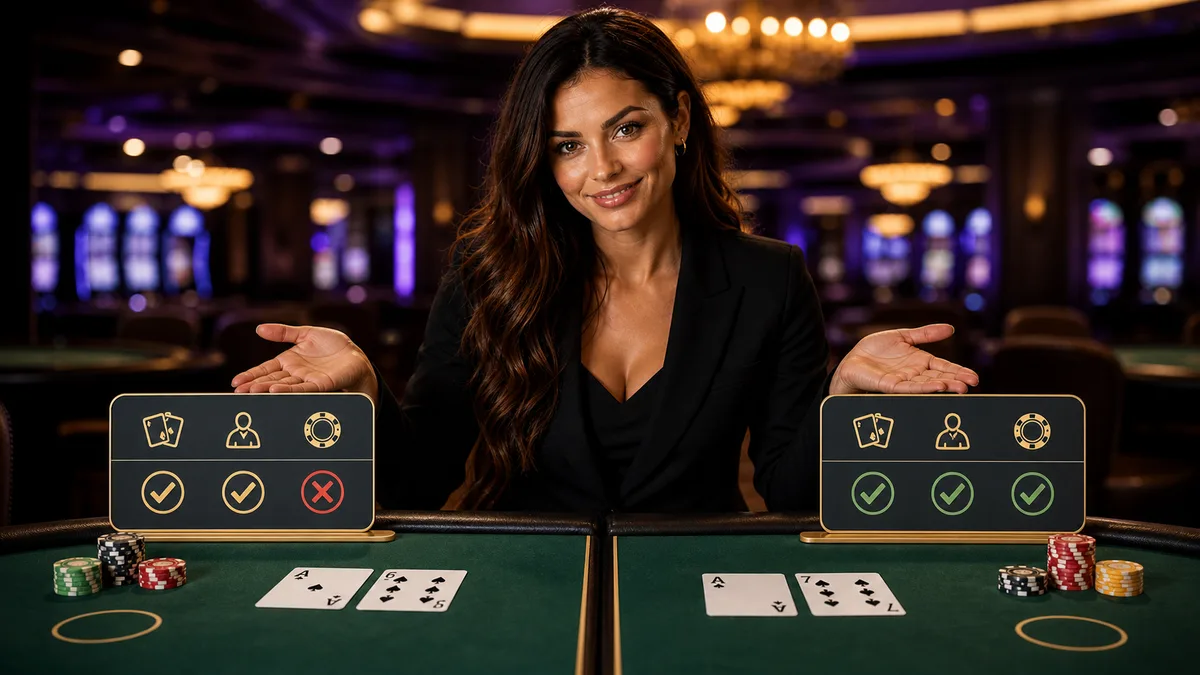 Smiling blackjack expert comparing table rules with cards and chips.