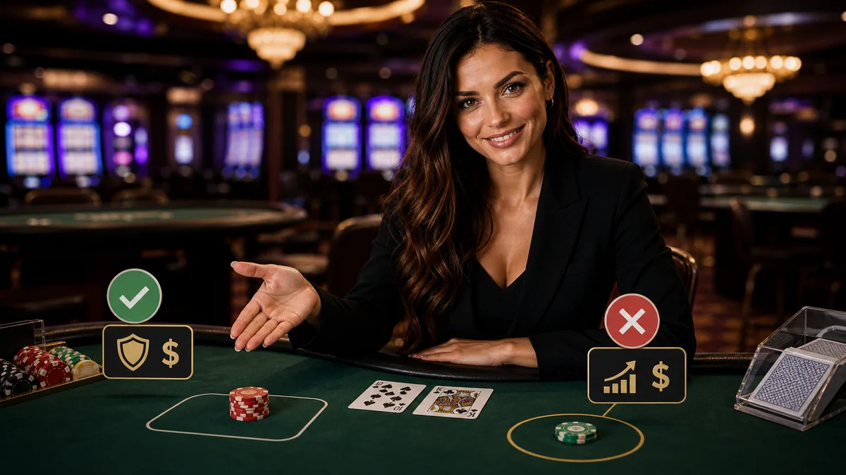 Smiling blackjack expert separating the main hand from side bet areas.