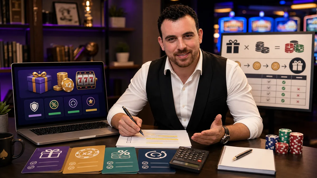 Smiling casino editor reviewing bonus cards, terms documents and wagering math.