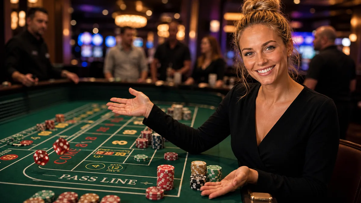 Smiling table games expert explaining dice and chips on a craps table.