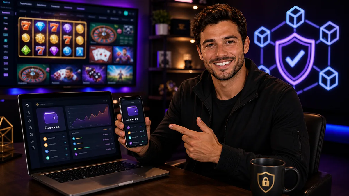 Smiling crypto casino writer reviewing wallet and verification visuals on a laptop.