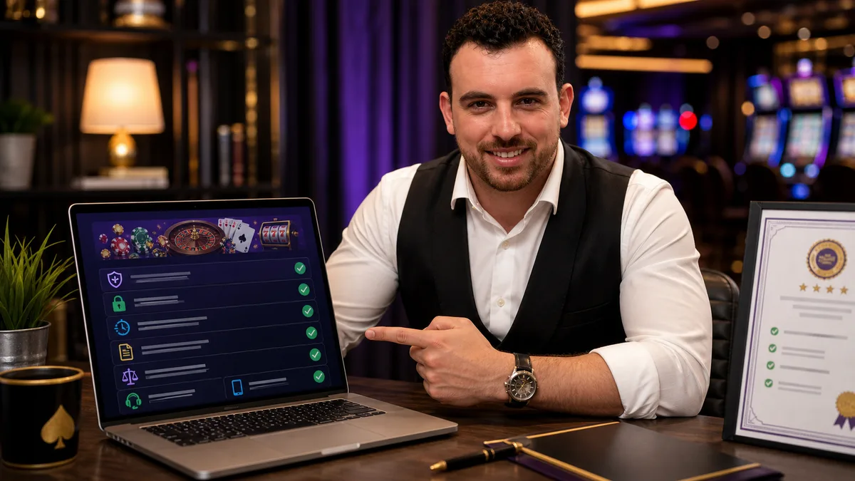 Smiling casino editor reviewing a safety checklist on a casino comparison laptop.