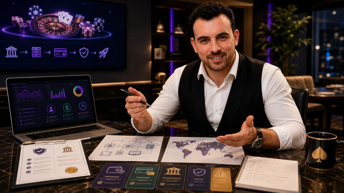 Smiling casino consultant planning licences, platform, payments and compliance.