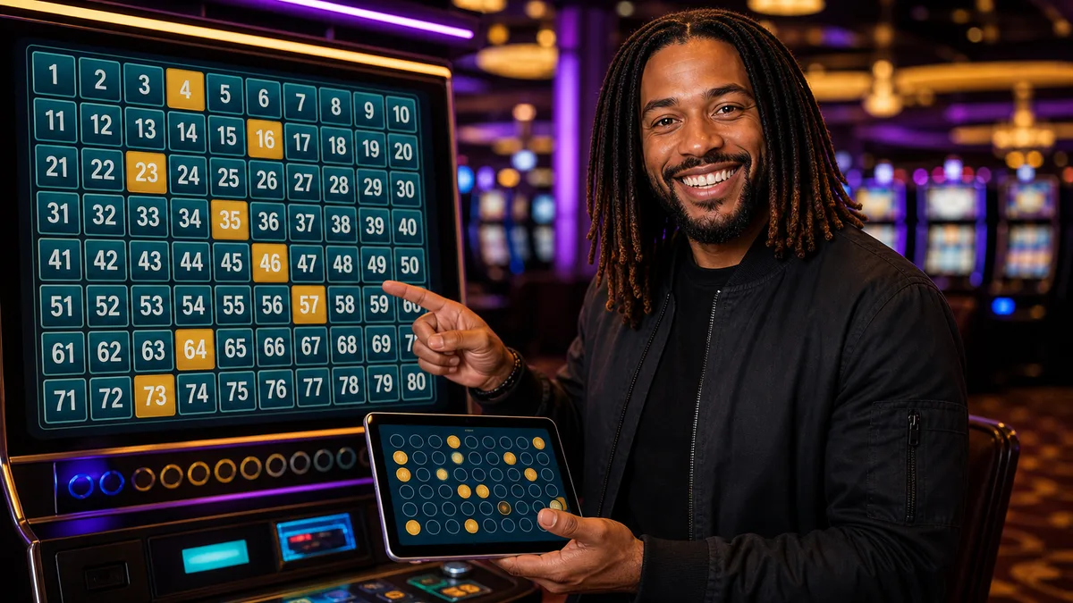 Smiling specialty games expert presenting a bright keno number board.