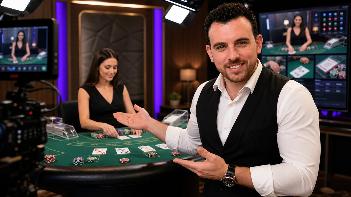 Smiling casino editor introducing a live dealer studio with cards and cameras.