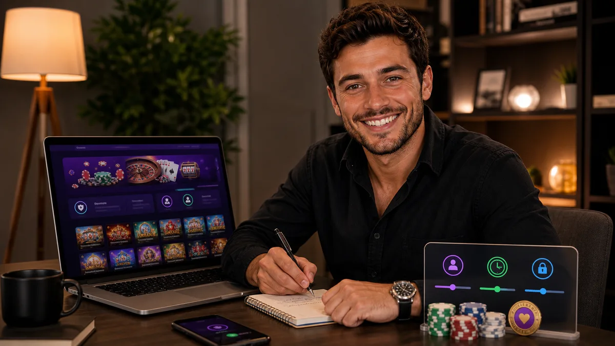 Smiling beginner guide explaining online casino basics with a laptop and budget notes.