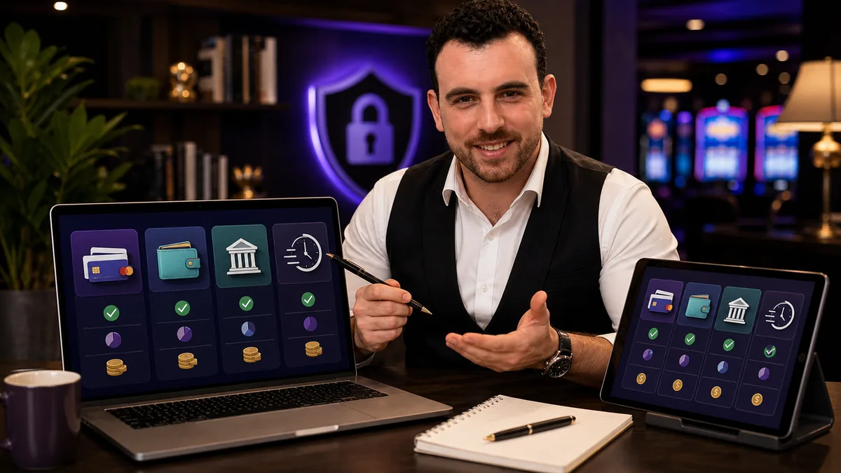 Smiling casino editor comparing generic payment methods and withdrawal speed.