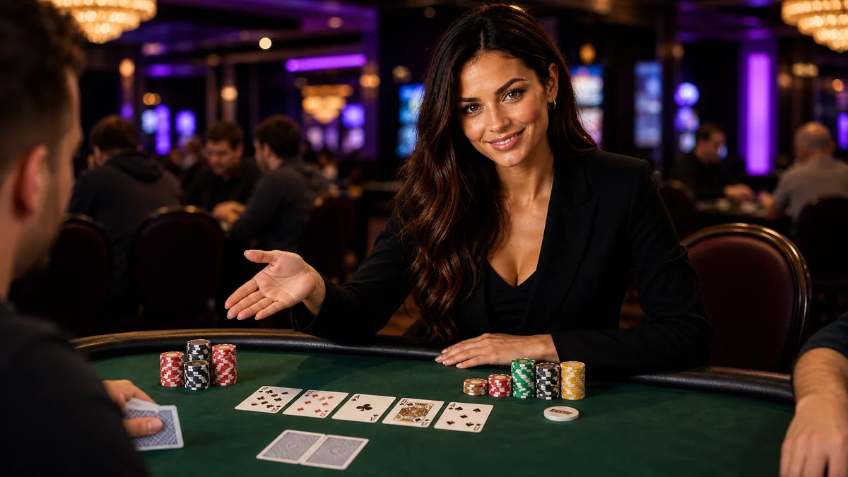 Smiling table games expert explaining casino poker cards and chips.