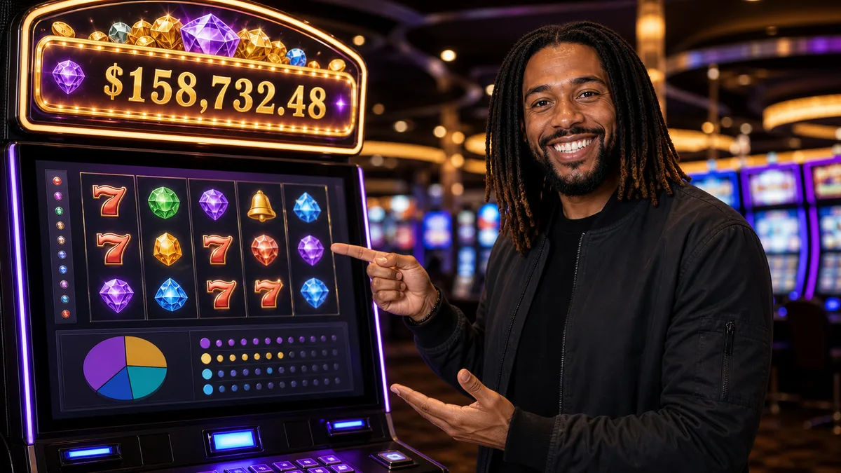 Smiling slots specialist explaining a glowing progressive jackpot machine.