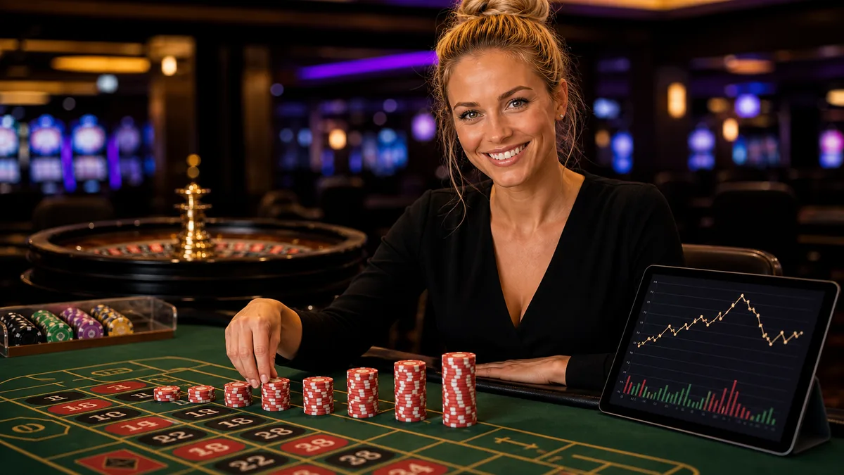 Smiling roulette expert arranging chip sequences beside a progression graph.