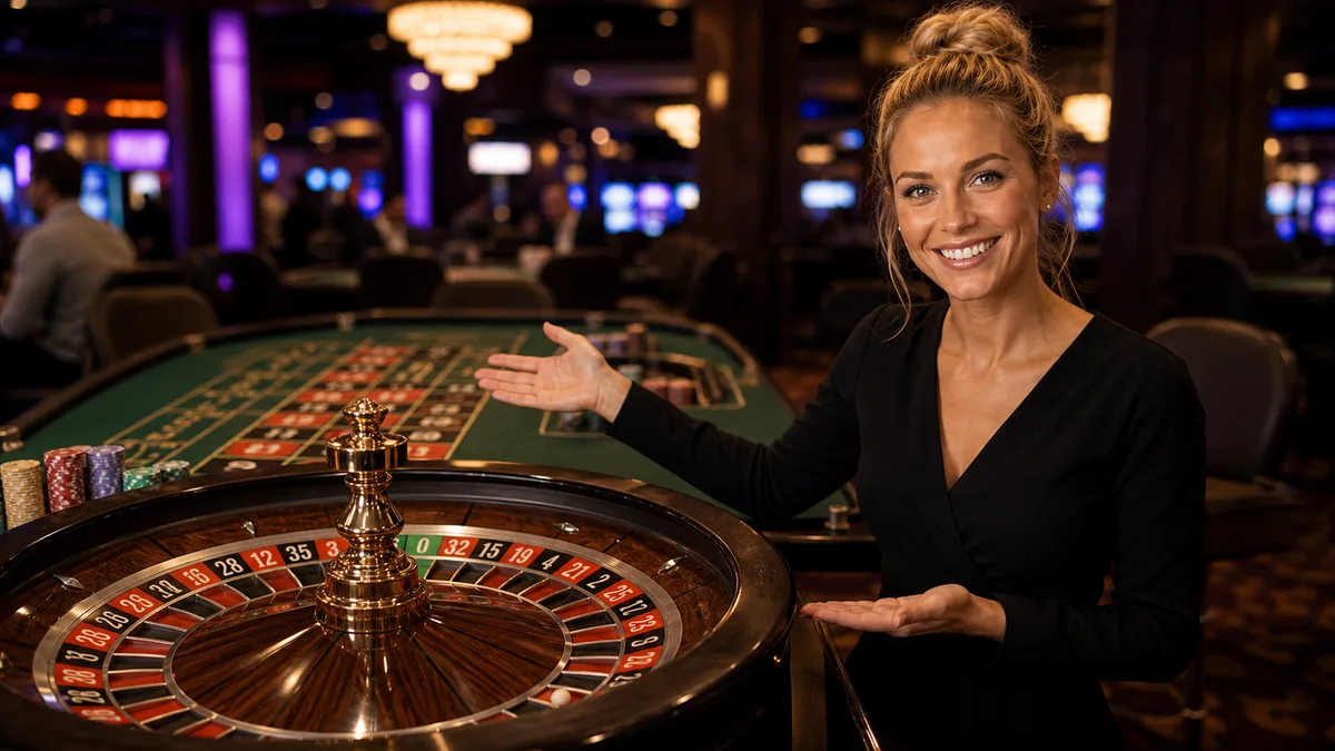 Smiling roulette expert presenting a roulette wheel and betting layout.