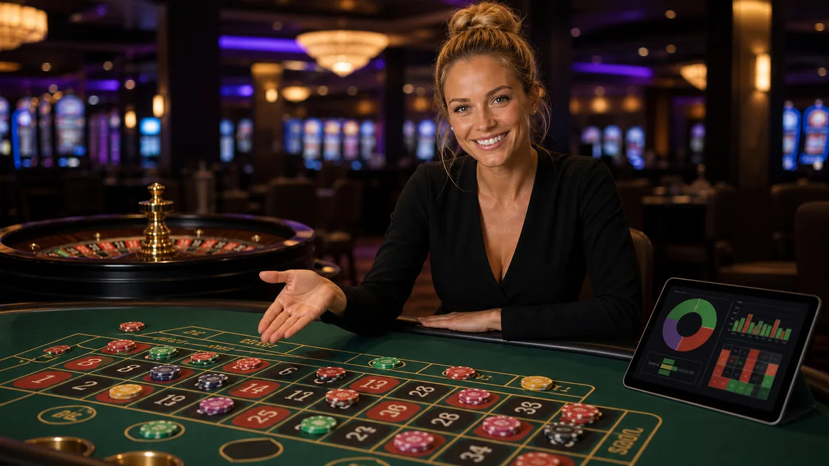 Smiling roulette expert explaining chip placements and odds on the layout.