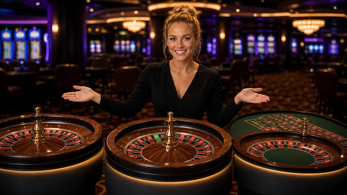 Smiling roulette expert comparing three roulette wheel variants.