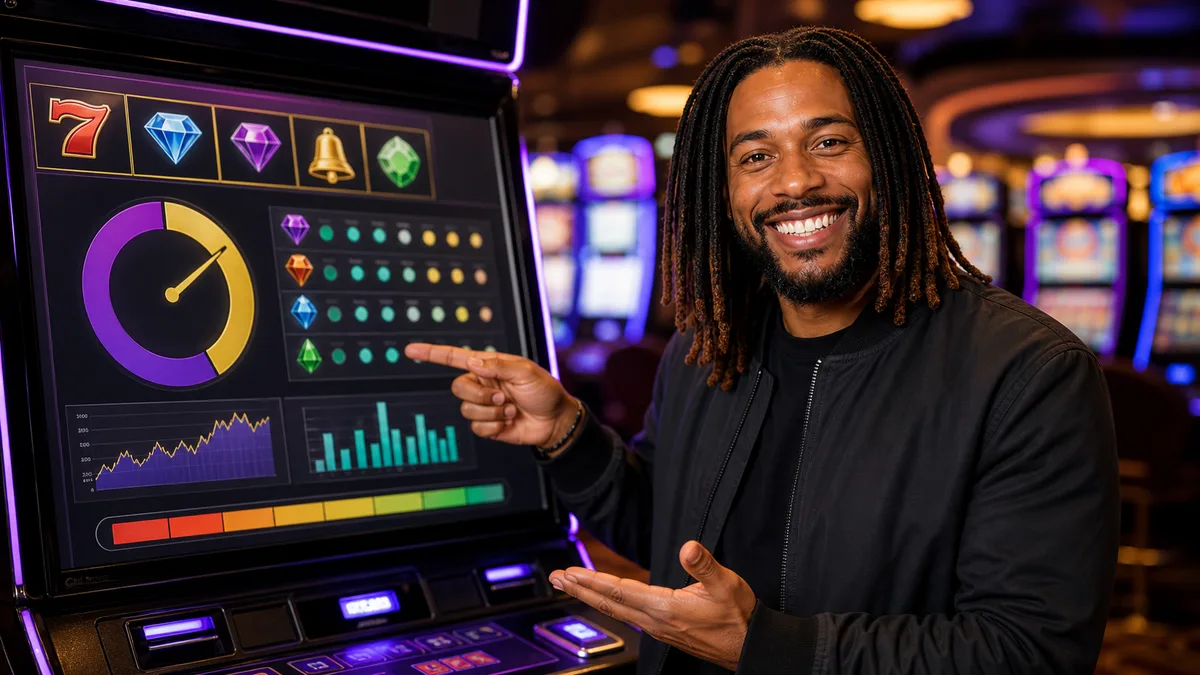 Smiling slots specialist explaining slot RTP gauges on a machine screen.
