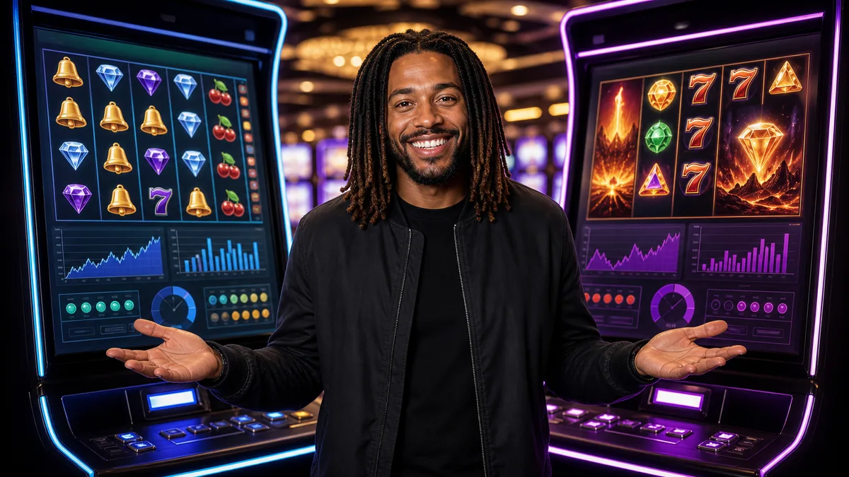 Smiling slots specialist comparing low and high volatility slot machines.