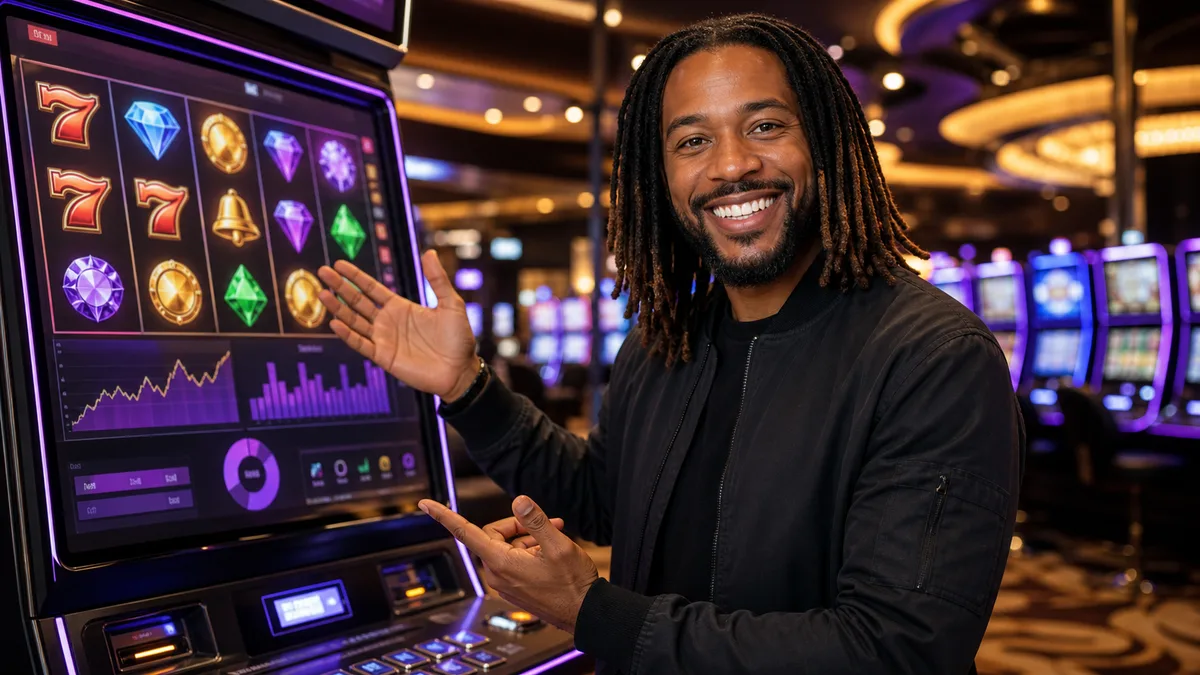 Smiling slots specialist explaining reels, RTP and volatility at a slot machine.